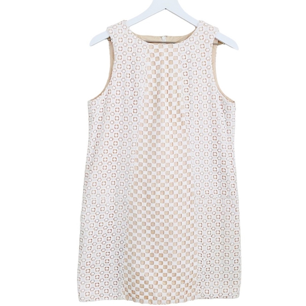 Tibi Cream/Tan 100% Cotton Eyelet Lace Checkered Sleeveless Sheath Dress Size 8